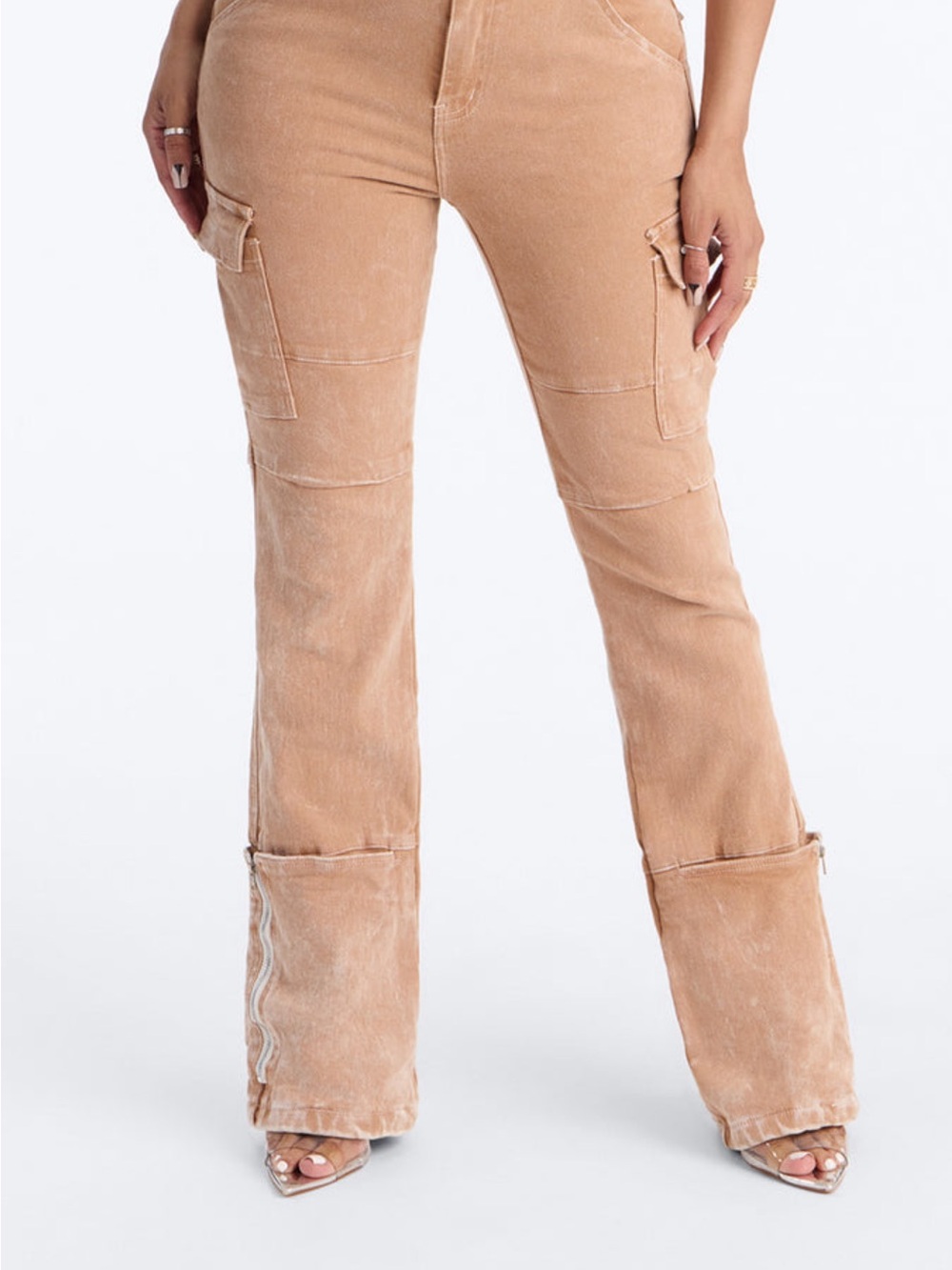 Fashion Nova Women's Tan Flared Cargo Jeans